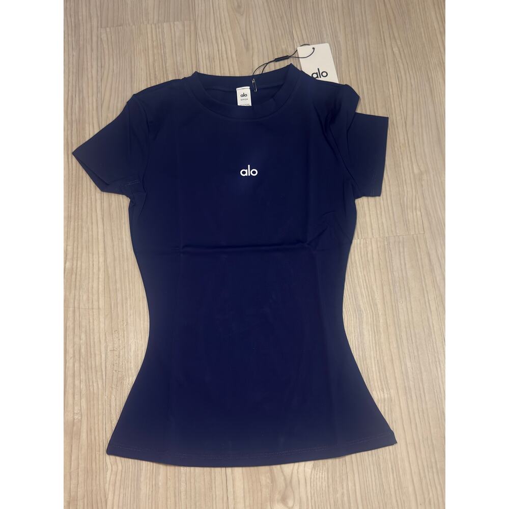 Women's Fitted Short Sleeve Athletic T-Shirt Navy Stretch Activewear Top - Picture 4 of 6